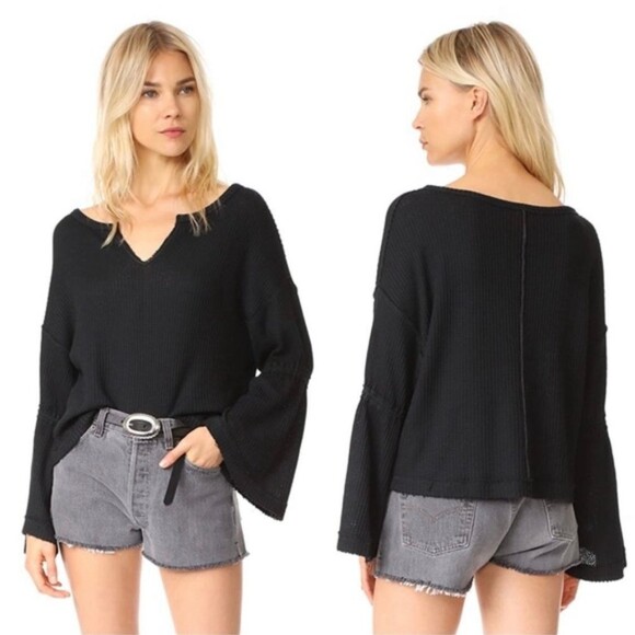 We The Free Tops - We The Free Black Dahlia Knit Thermal Bell Sleeve Raw Hem Oversized size Small
